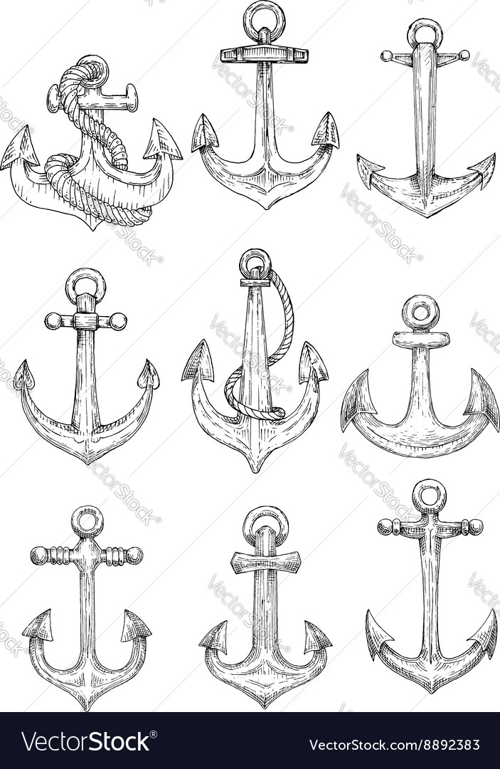 Vintage marine anchors with ropes sketch symbols Vector Image