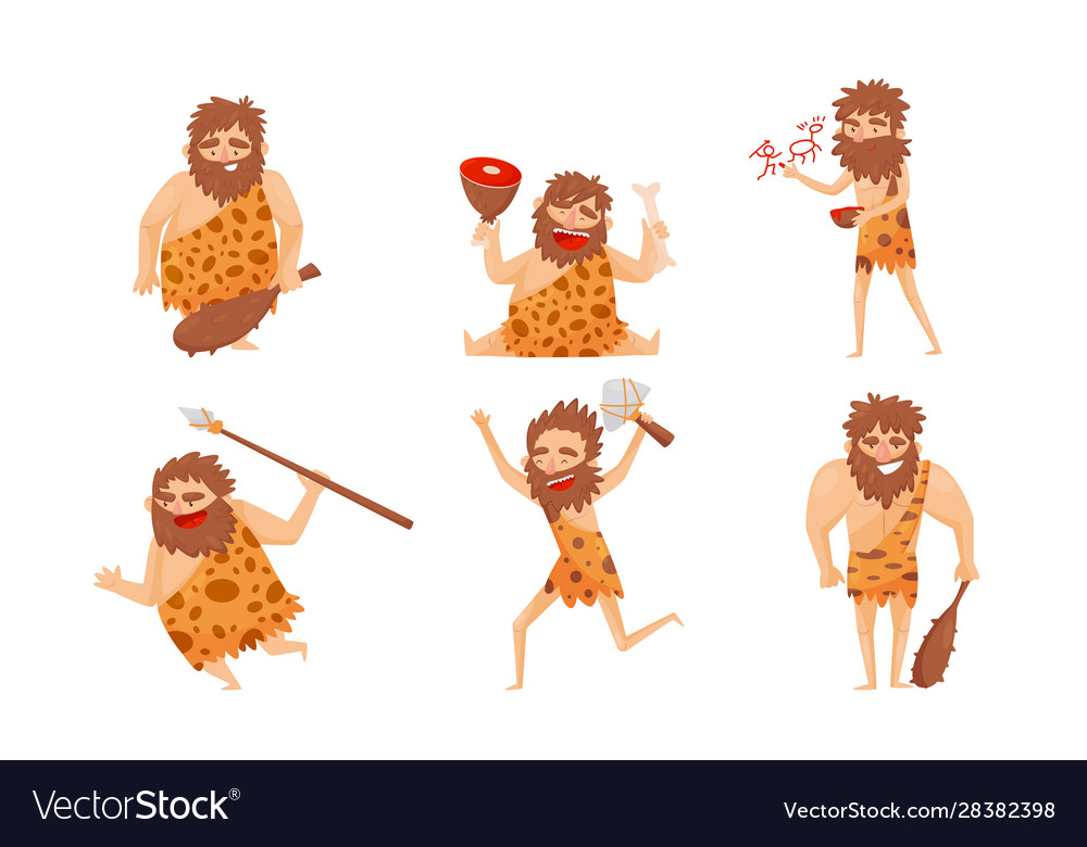 Funny stone age prehistoric man in different Vector Image