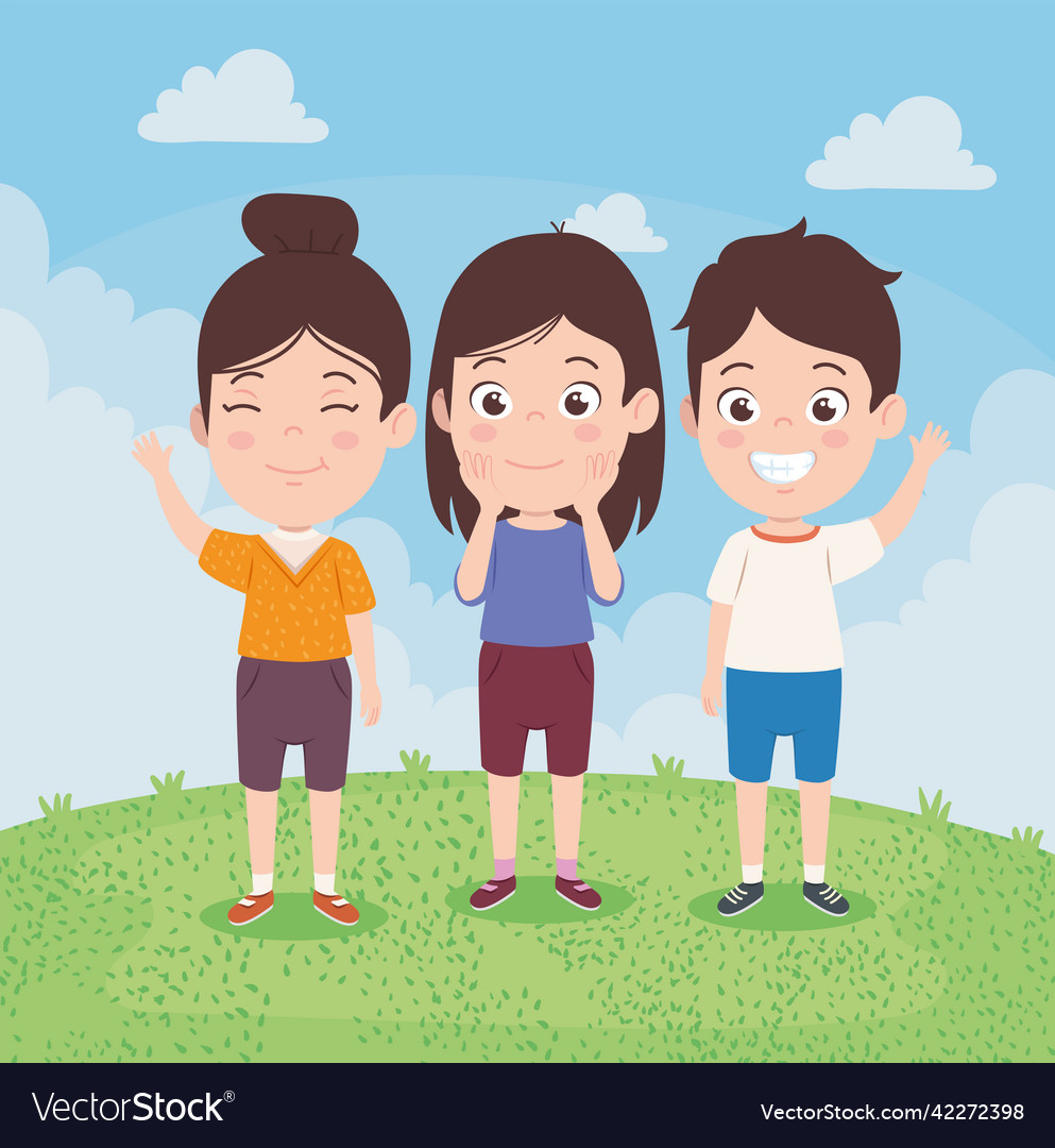 Three kids in landscape Royalty Free Vector Image