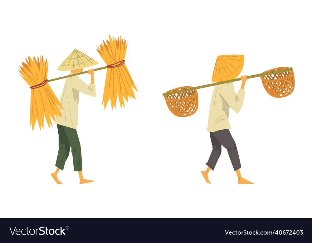 Asian farmer in conical hat carrying basket Vector Image