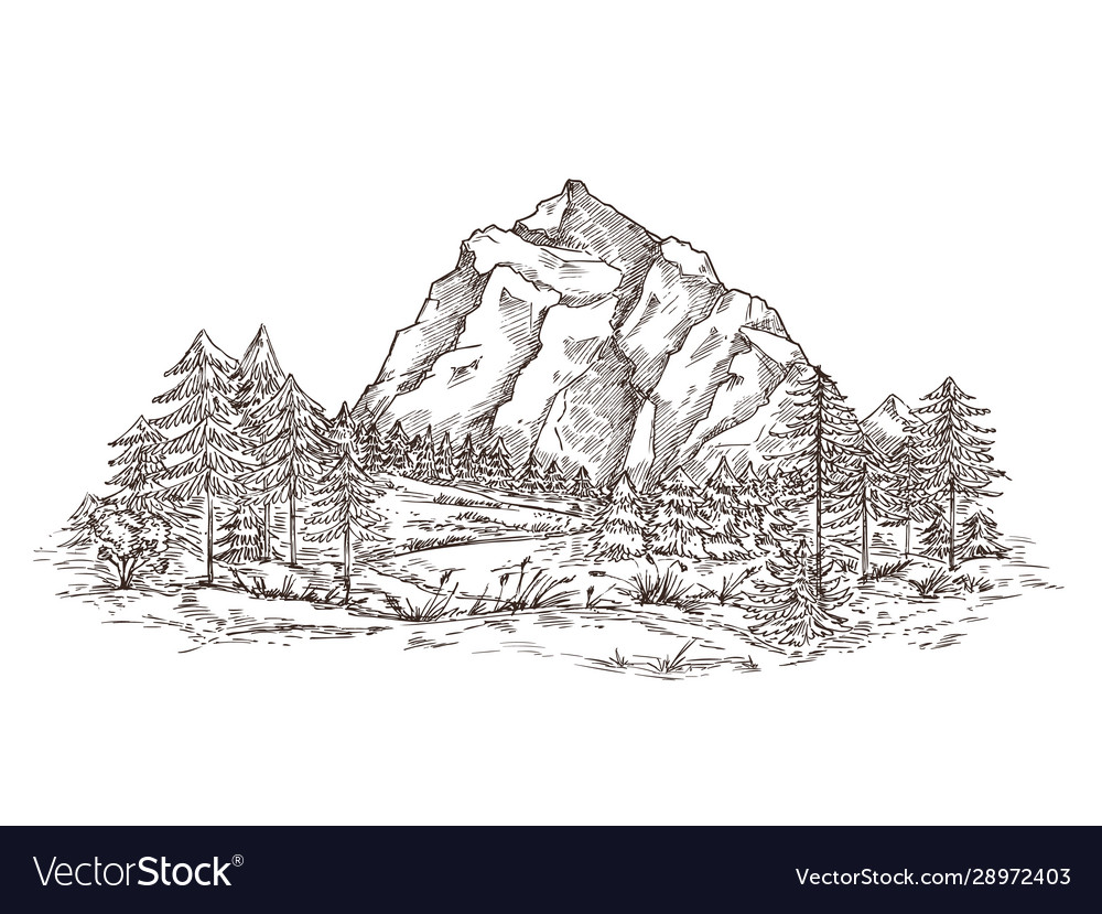 Mountain landscape sketch nature doodle drawing Vector Image