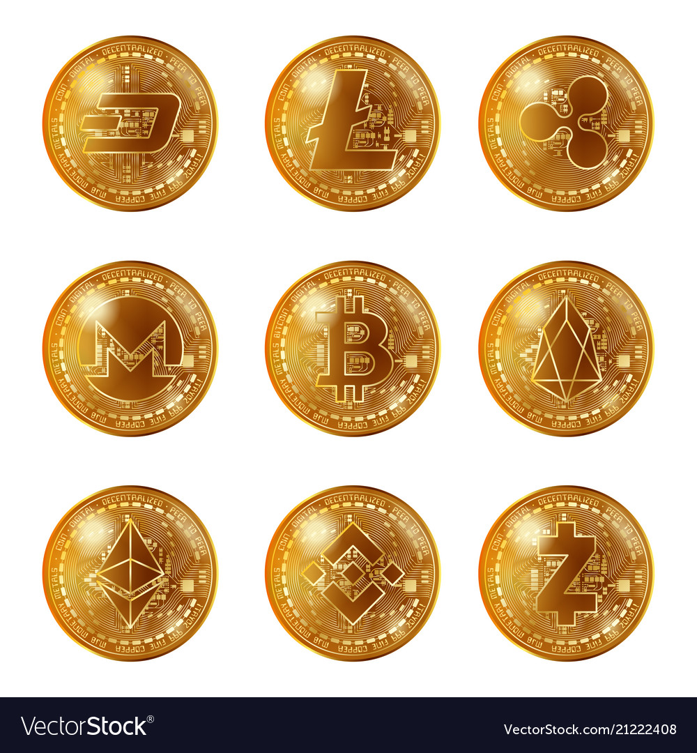 Golden cryptocurrency coins set Royalty Free Vector Image