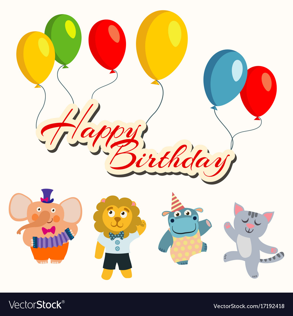 Happy birthday banner with balloons and cartoon Vector Image