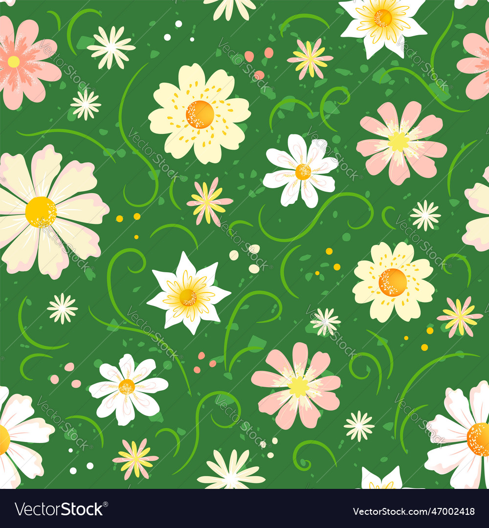 Retro groovy pattern daisies on green grass