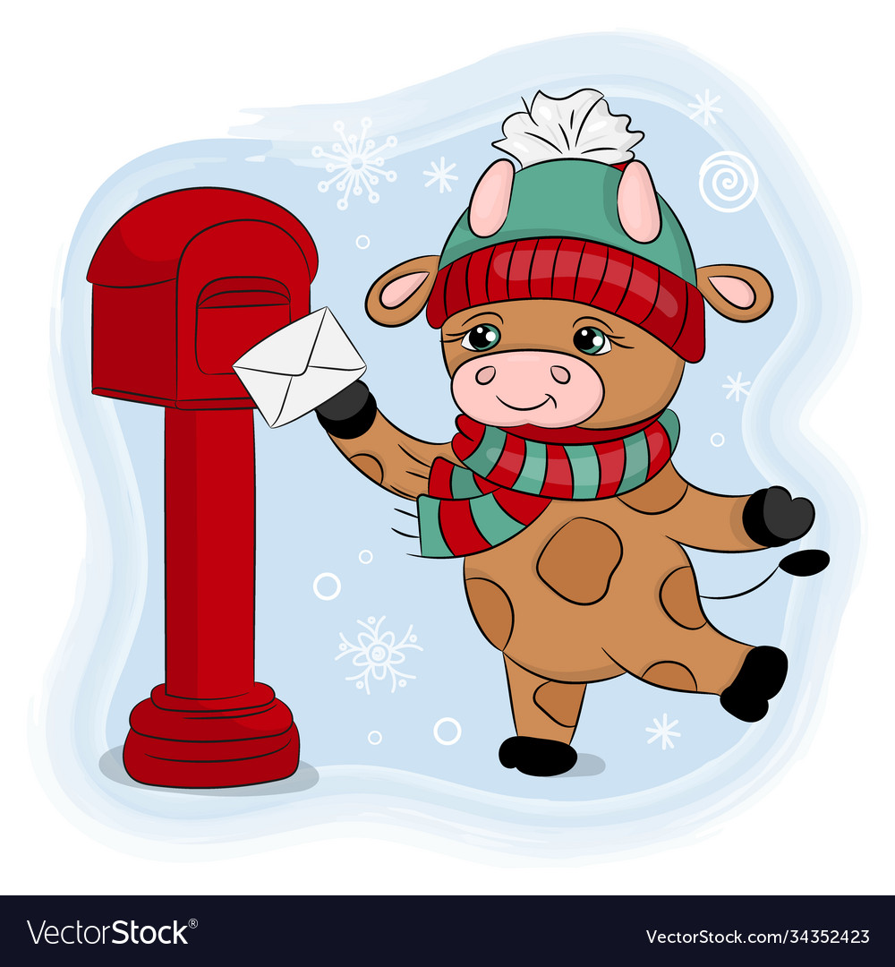 Cute cartoon bull a winter hat sends a letter set vector image Cute cartoon bull a winter hat sends a letter set