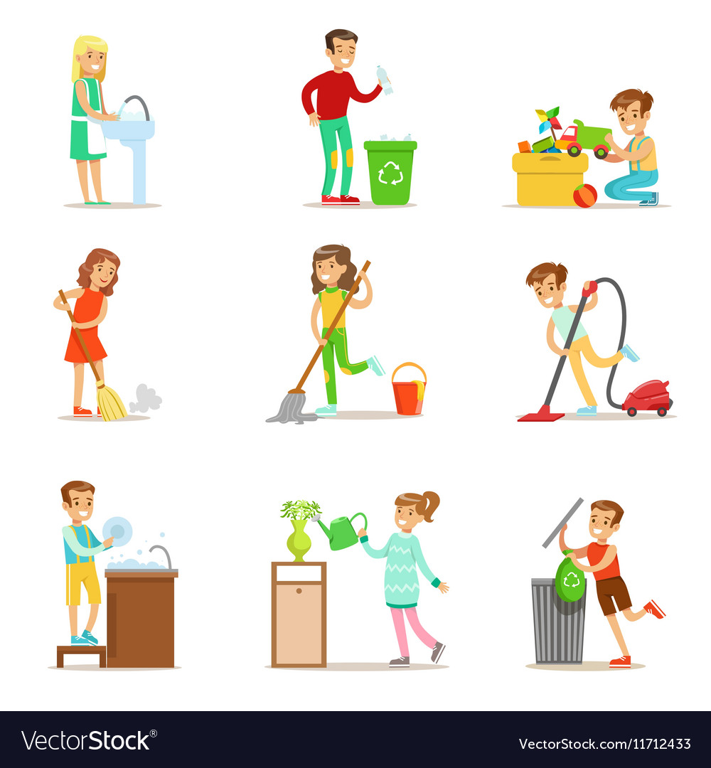 Children Helping With Home Cleanup Washing The Vector Image