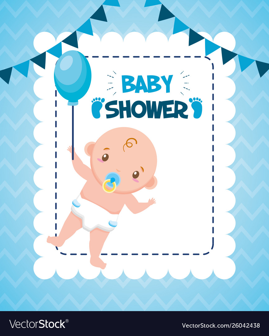 Cute boy with balloon baby shower card Royalty Free Vector