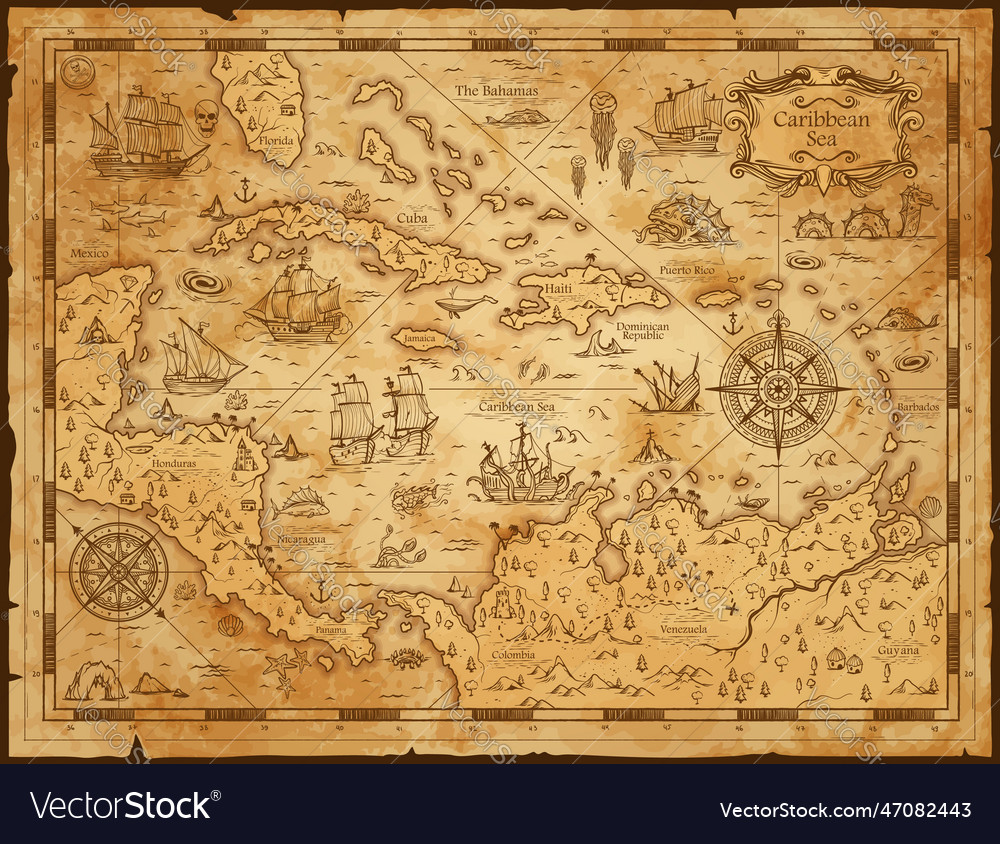 Old vintage map of caribbean sea worn parchment Vector Image