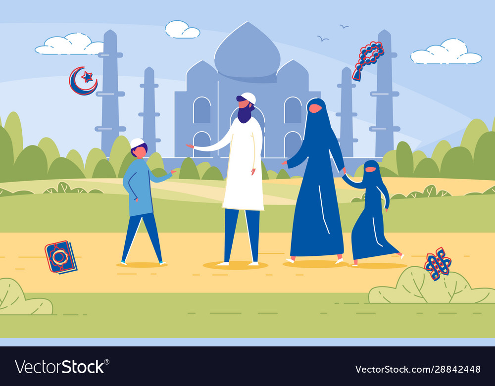 Islamic family honoring religious traditions Vector Image