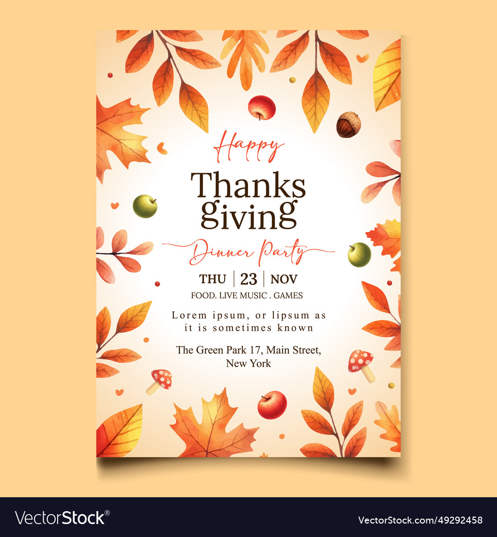 Watercolor invitation template for thanksgiving Vector Image