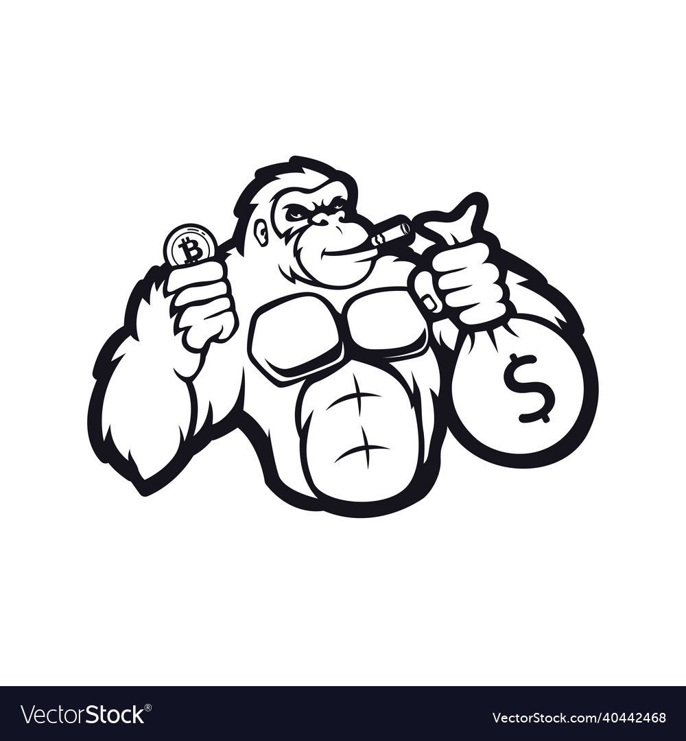 A rich gorilla with crypto currency and money bag