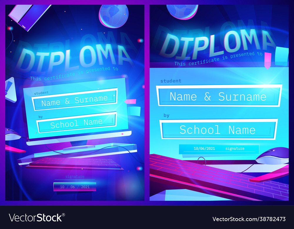 Diploma template with cartoon computer screen vector image Diploma template with cartoon computer screen