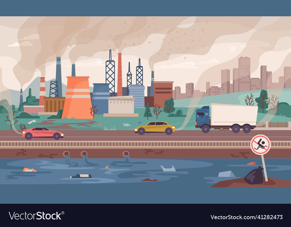 Polluted dirty city with smog and water wastes Vector Image