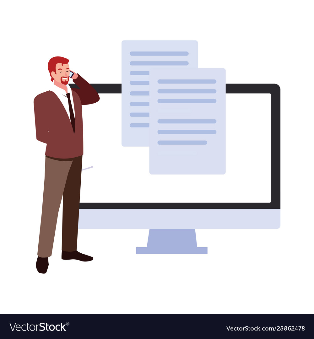 Businessman with computer screen in white Vector Image