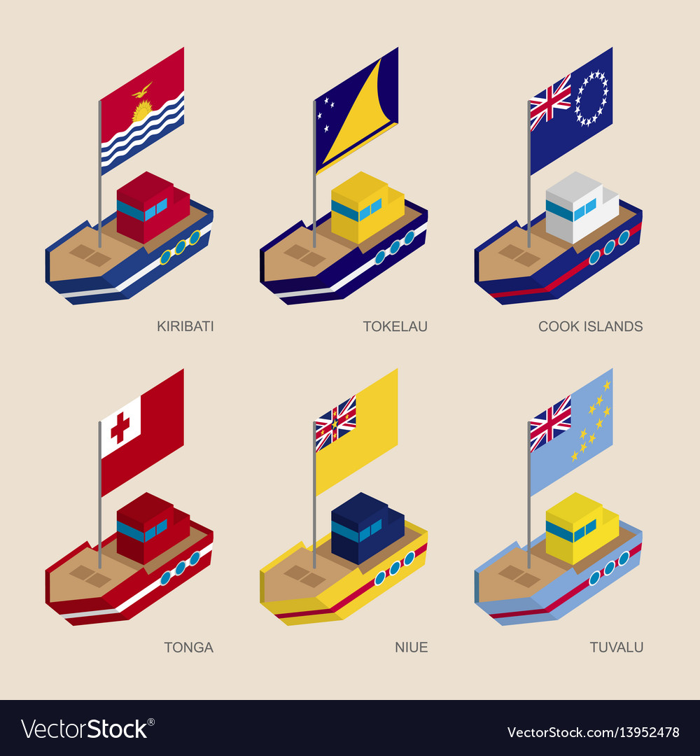 Set of isometric ships with flags of oceania Vector Image