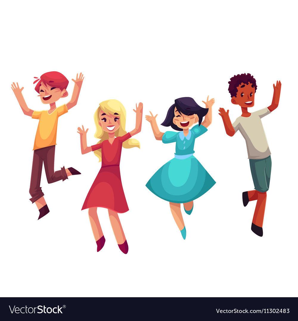 Four happy children boys and girls jumping in Vector Image