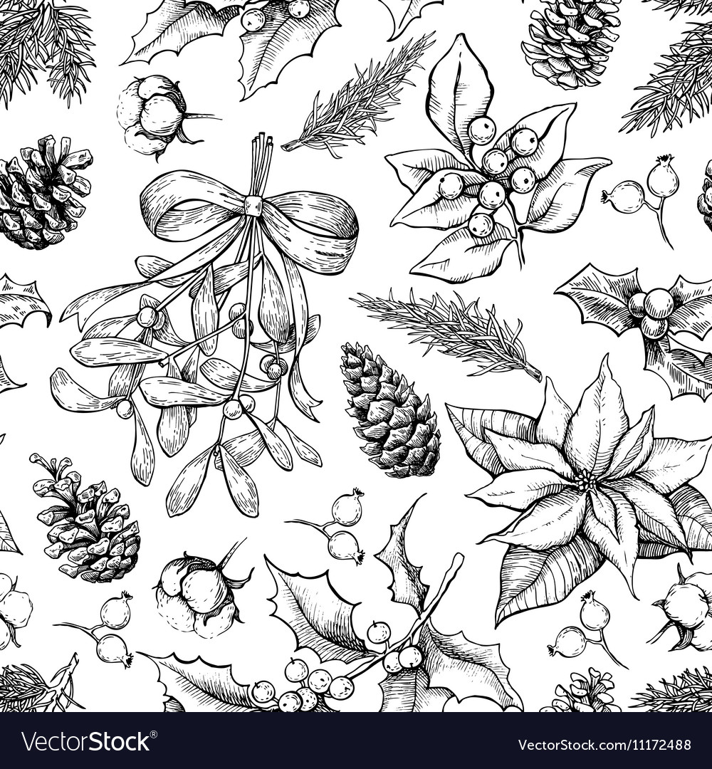 christmas-botanical-seamless-pattern-hand-drawn-vector-image