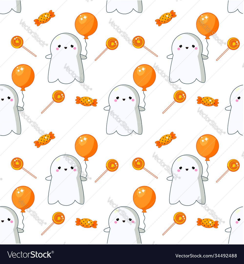 Halloween seamless pattern with ghosts and sweets