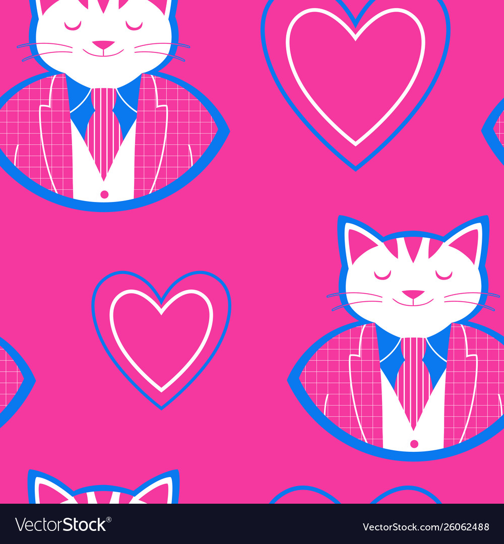 Seamless pattern with happy cat and hearts vector image Seamless pattern with happy cat and hearts