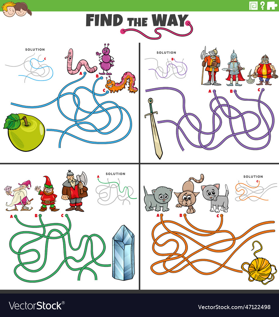 Find the way maze game with funny cartoon Vector Image