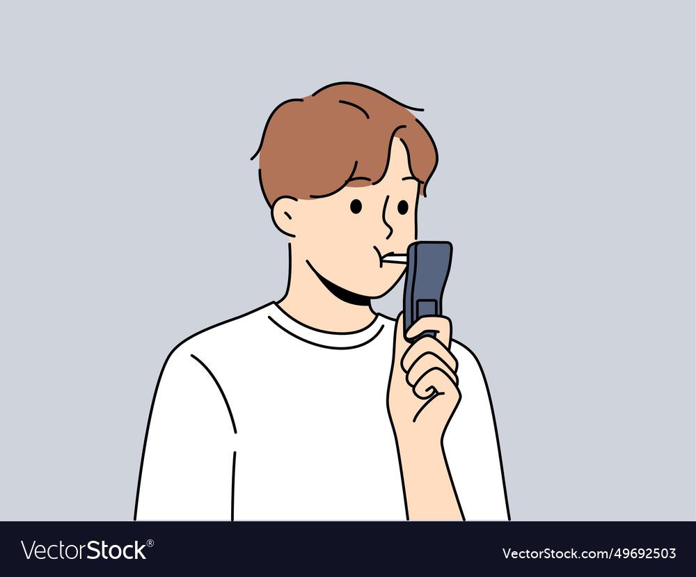 Man blows into breathalyzer to check presence of Vector Image