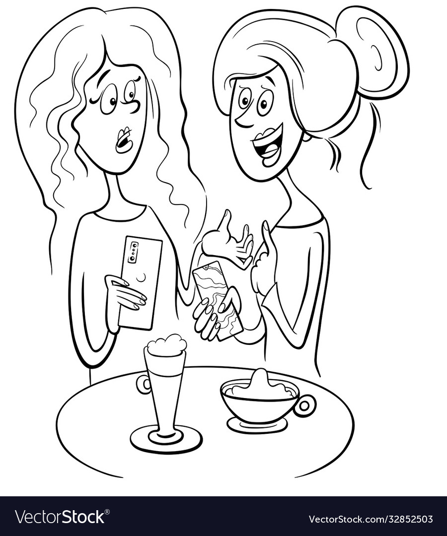 Women gossip in cafe cartoon coloring book page Vector Image