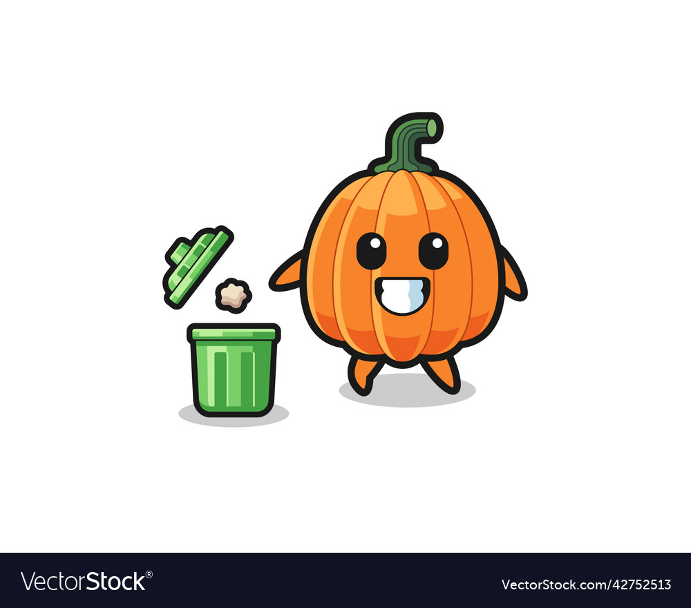 Pumpkin throwing garbage in the trash can Vector Image