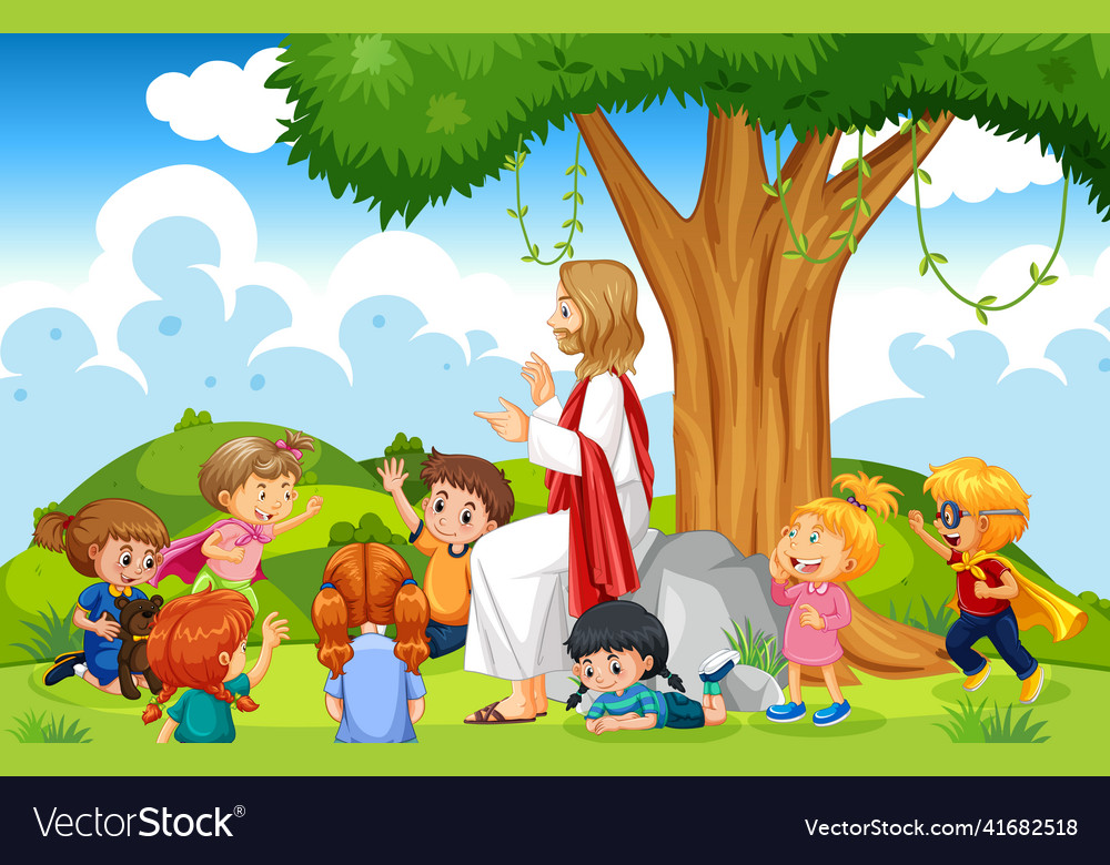 Jesus and children at the park Royalty Free Vector Image