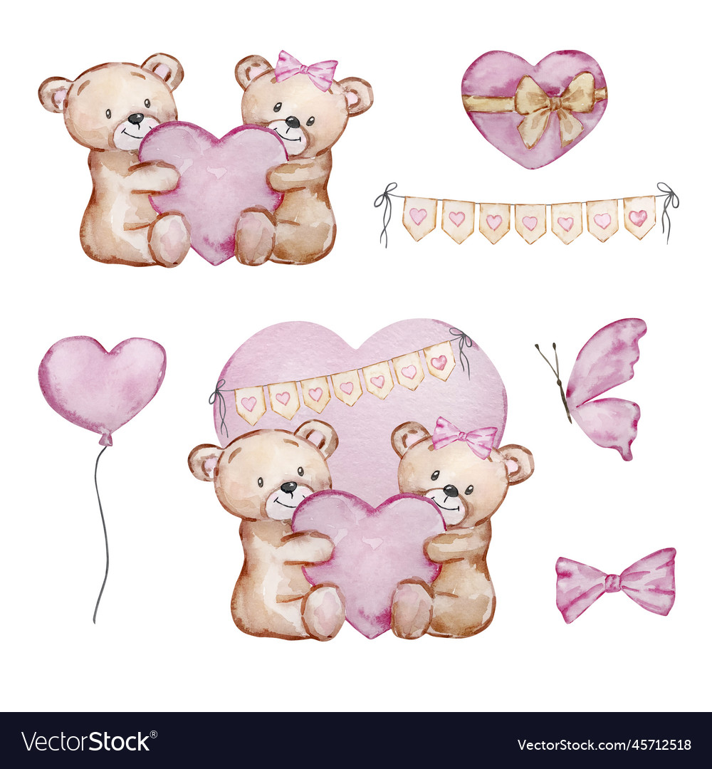 Watercolor Valentines Day Cute Teddy Bear Vector Image