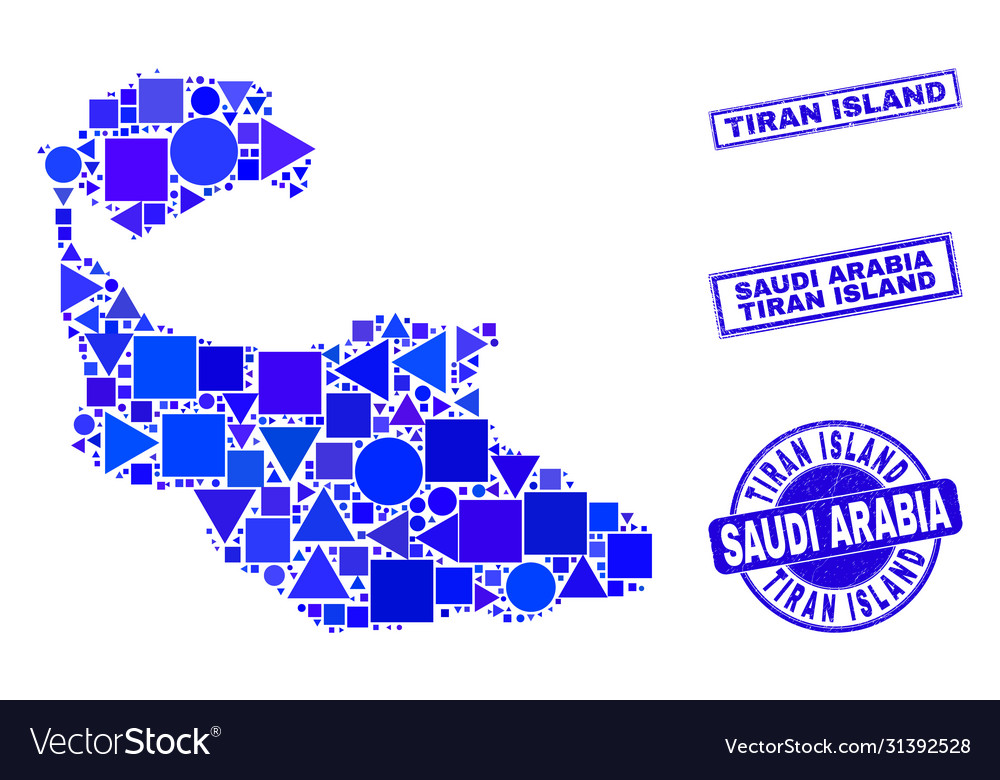 Blaue geometrische Mosaik tiran Inselkarte und Briefmarken