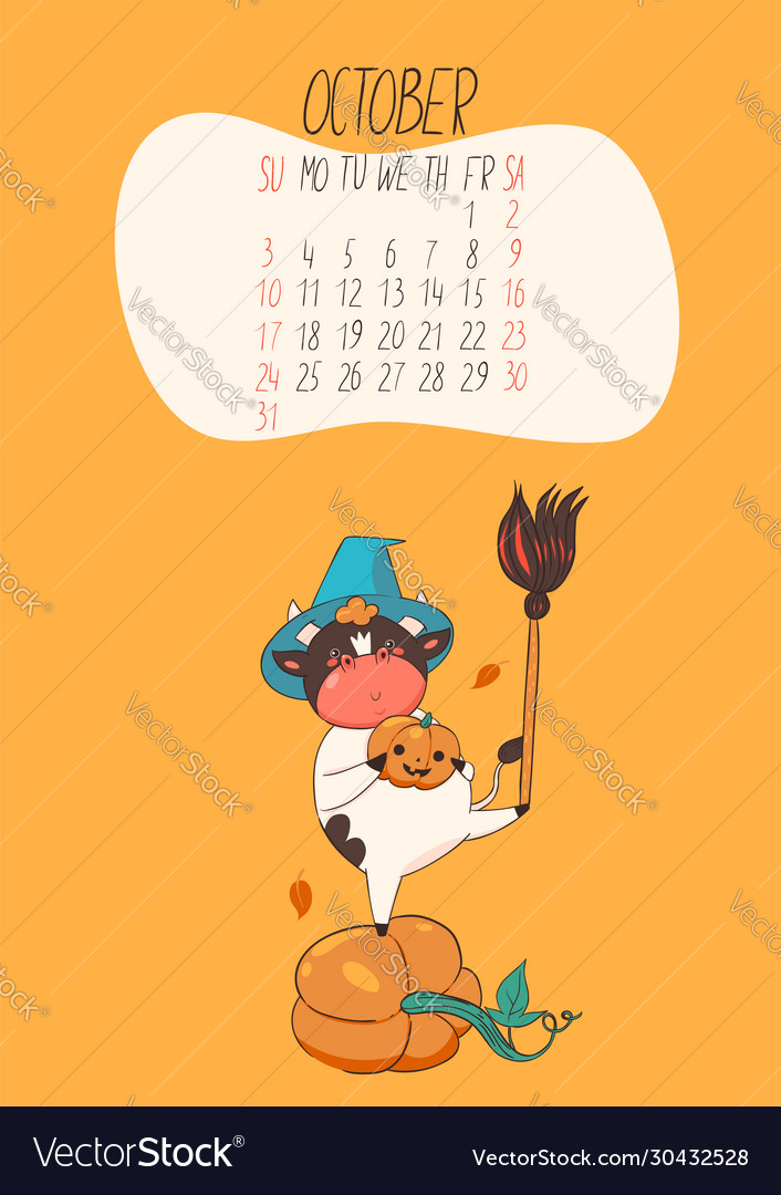 Calendar for october 2021 cute bull royalty free vector
