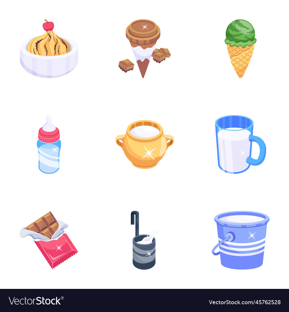 Collection of dairy food icons in 2d style Vector Image