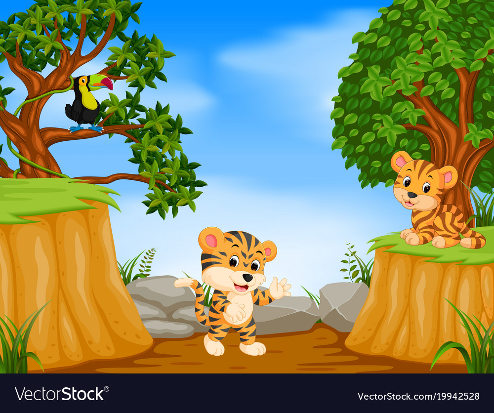 Two tiger and toucan with mountain cliff scene