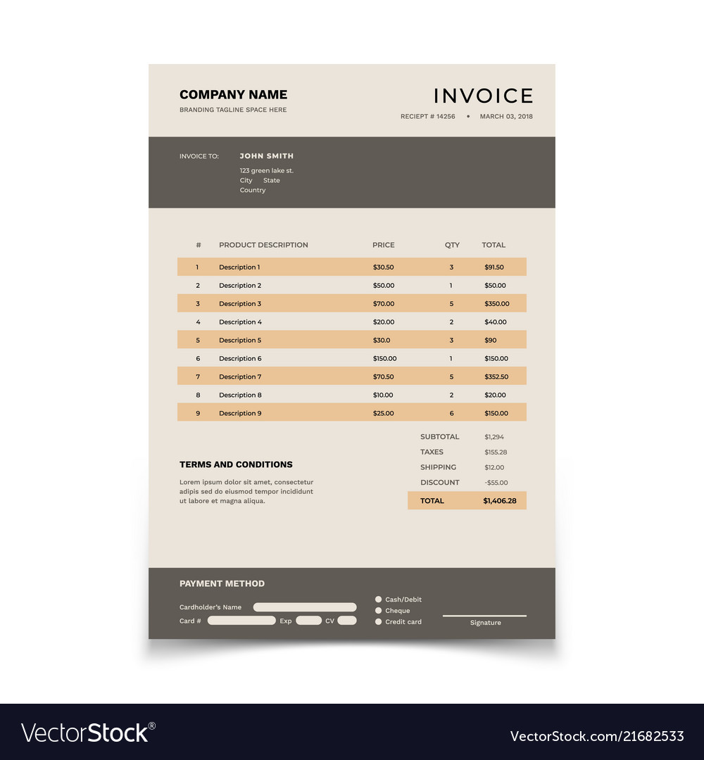 Invoice template bill form with data table and Vector Image