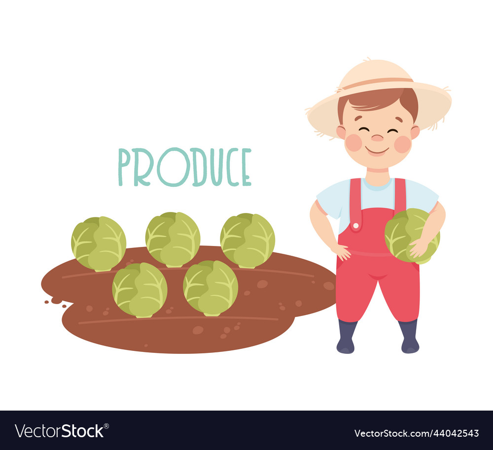 Little boy farmer in hat producing cabbage Vector Image