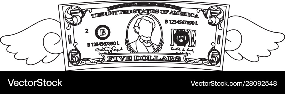 Feathered deformed 5 dollars note outline Vector Image