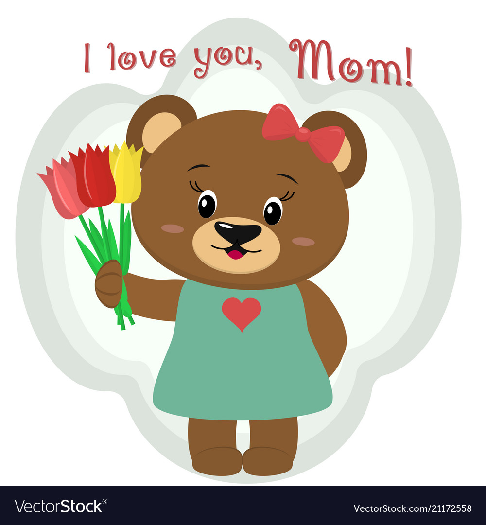 A cute brown bear holds three tulips Royalty Free Vector