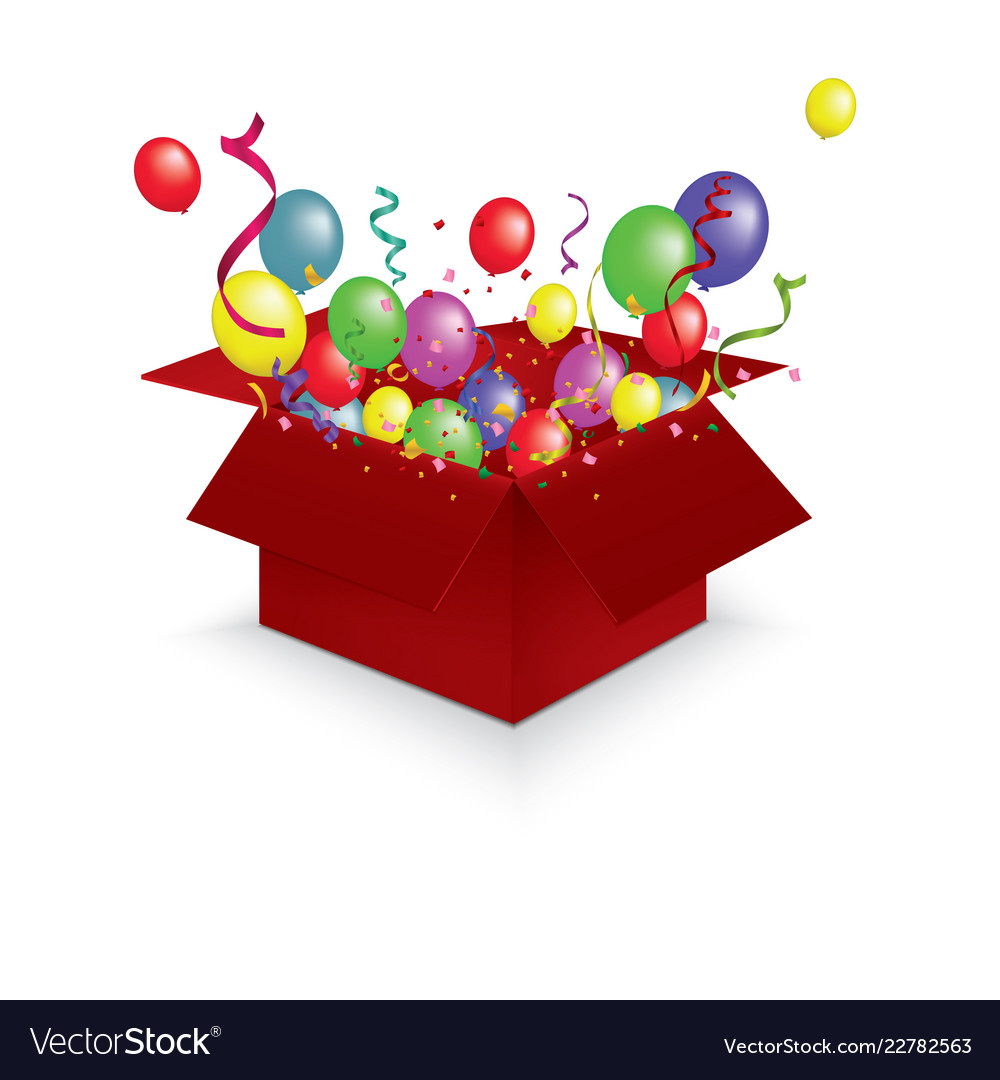 Open 3d realistic gift box with confetti and balls