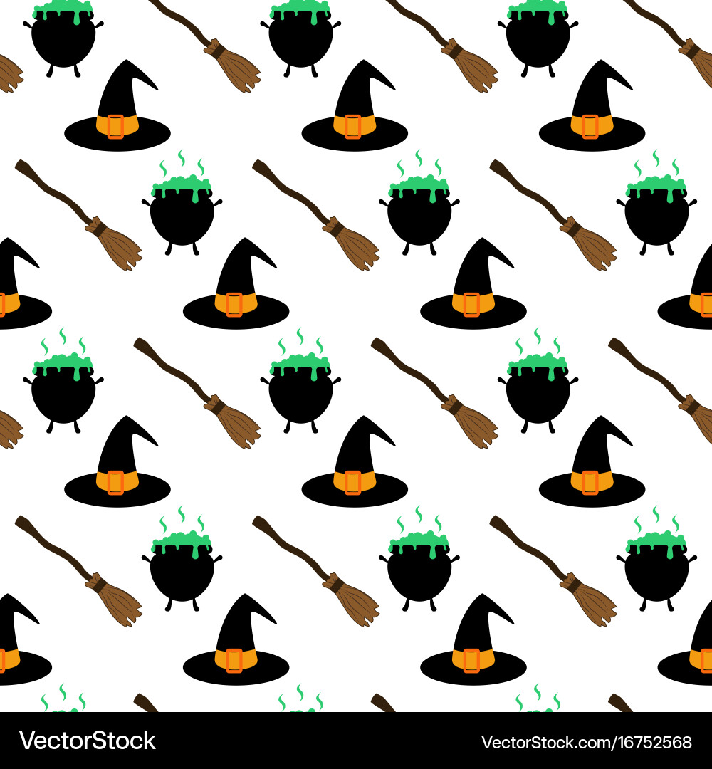 Witch hat and broom pattern Royalty Free Vector Image