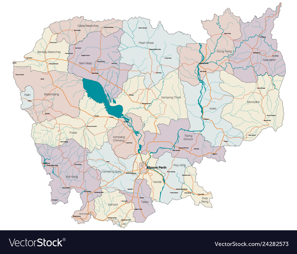 Detailed map of cambodia Royalty Free Vector Image