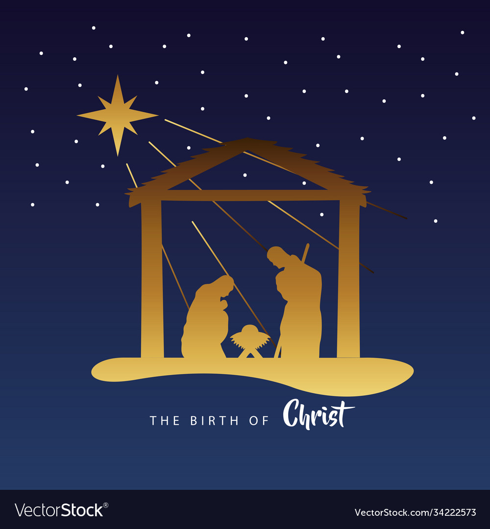 Happy merry christmas manger scene with golden Vector Image