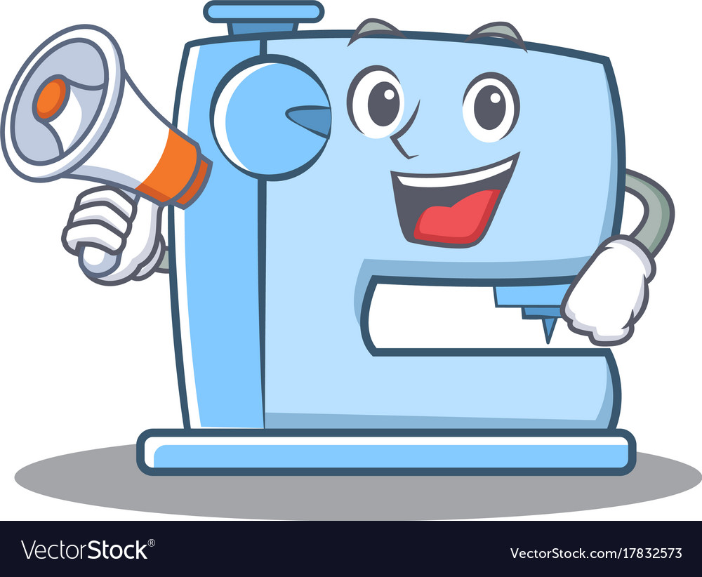 With megaphone sewing machine emoticon character Vector Image