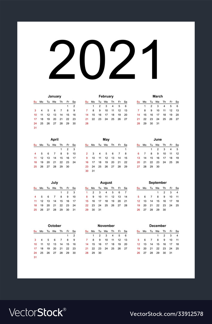 Calendar 2021 Week Starts From Sunday Business Vector Image