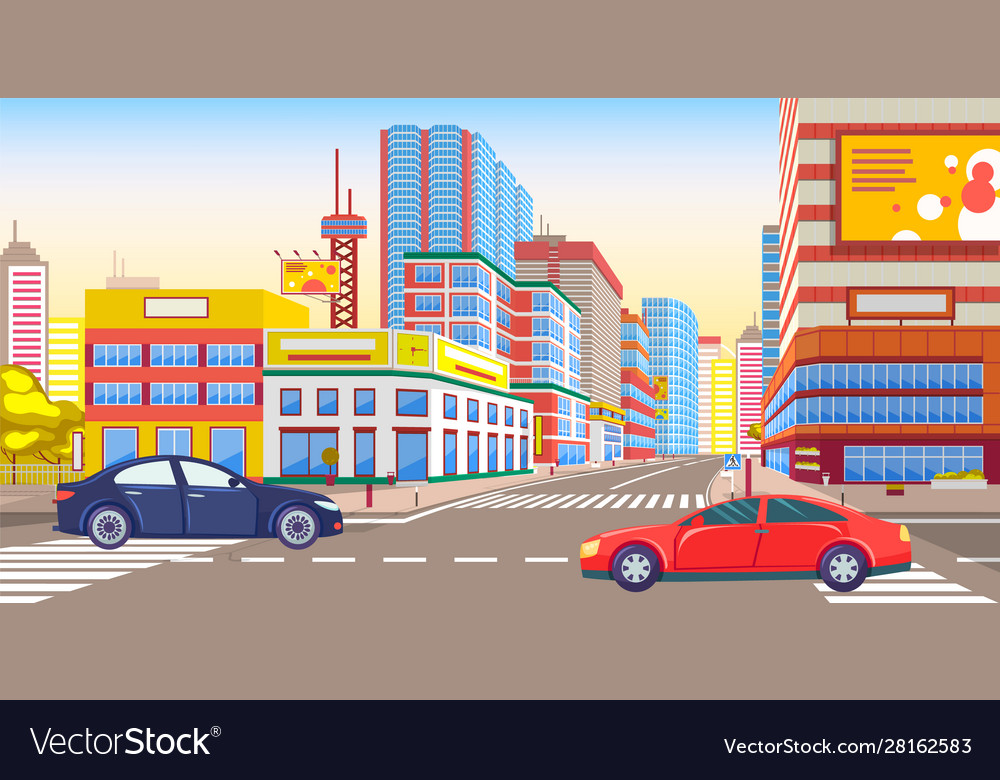 City street with roads buildings and vehicles Vector Image