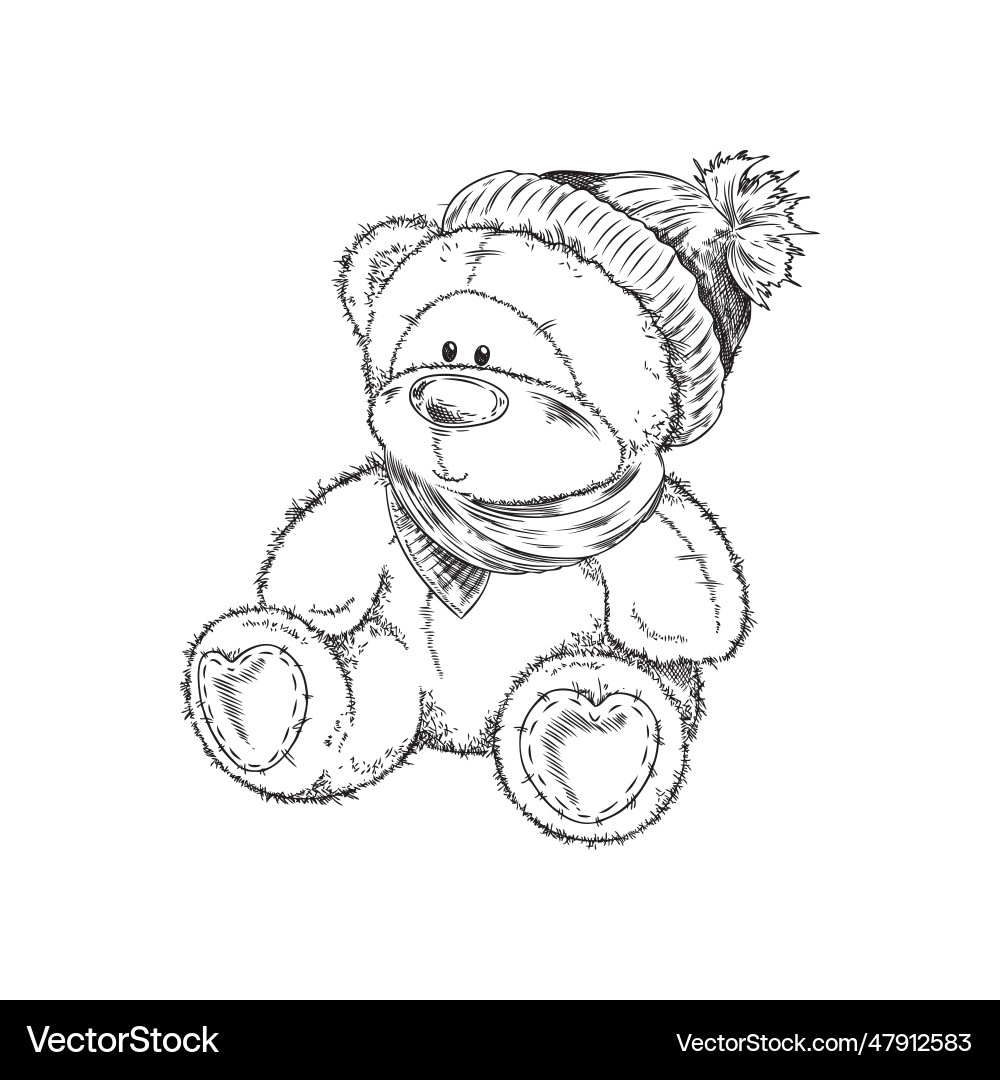 Colorless hand drawn funny teddy bear boy sits Vector Image