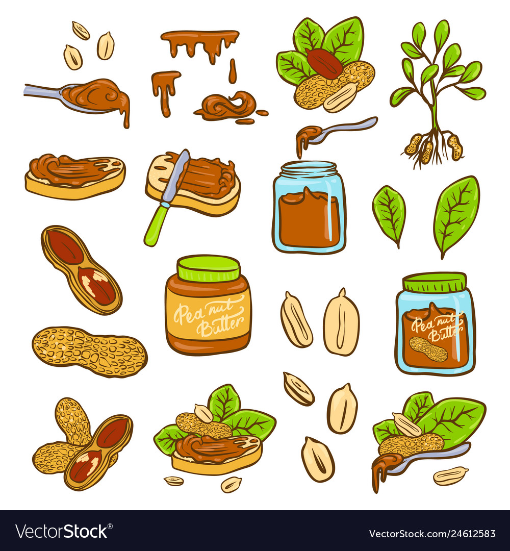 Peanut butter doodle icon set cartoon Royalty Free Vector