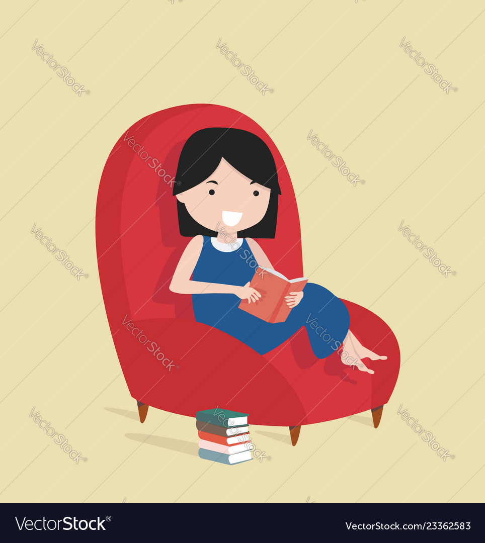 Small Girl Reading The Book Sitting On A Sofa Vector Image