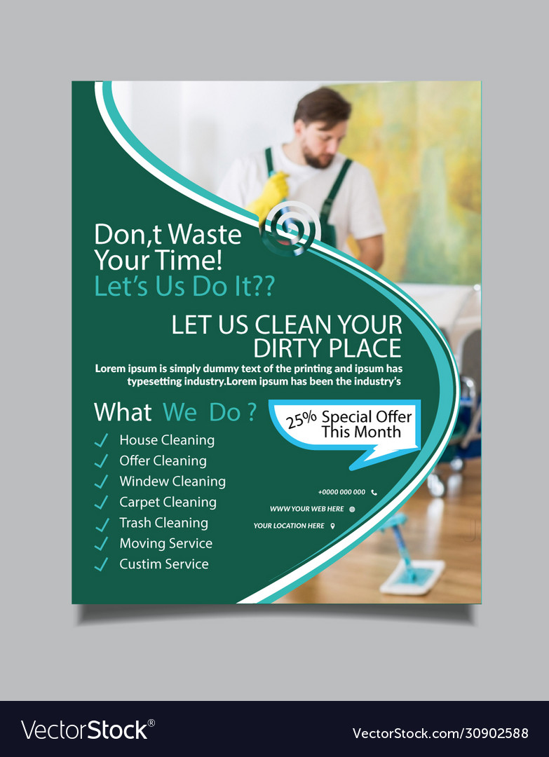 Cleaning services flyer template design Royalty Free Vector Throughout Janitorial Flyer Templates