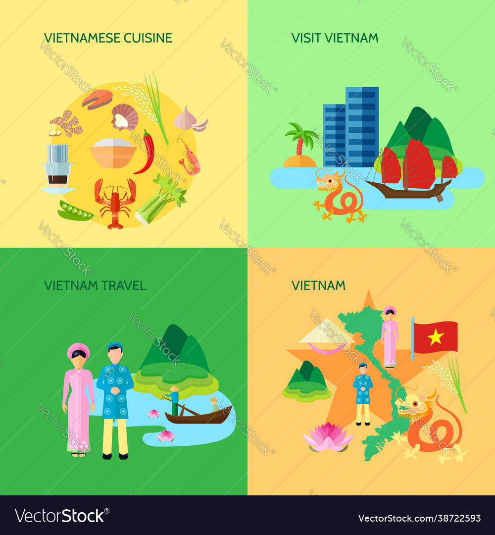 Vietnamese Culture 4 Flat Icons Square Royalty Free Vector