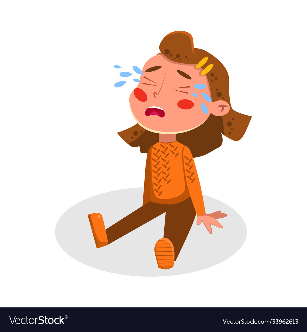 Cute upset girl sitting on floor and crying Vector Image